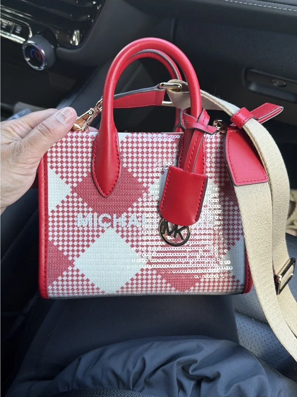 Michael Kors Red and Cream Mini Satchel with Gold Hardware